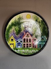 Large Decroative Plate Wall Hanging ? 15�" Row of Houses with Bright Green Trees