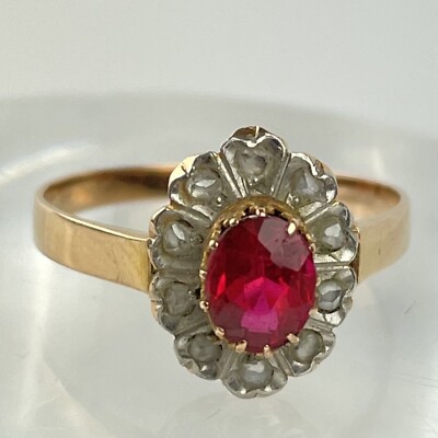 Antiker französischer Adler Mark Rose Metall 5 mm Rubin & Diamant eleganter Ring Größe M 1/2