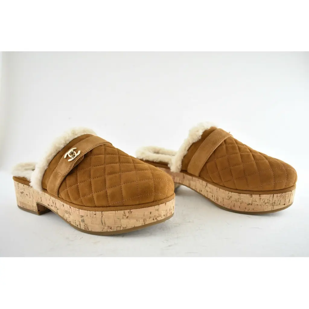 Chanel 21B Brown Suede Turnlock CC Logo Shearling Fur Mule Chanel 21B Brown Suede Turnlock CC Logo Shearling Fur Mule