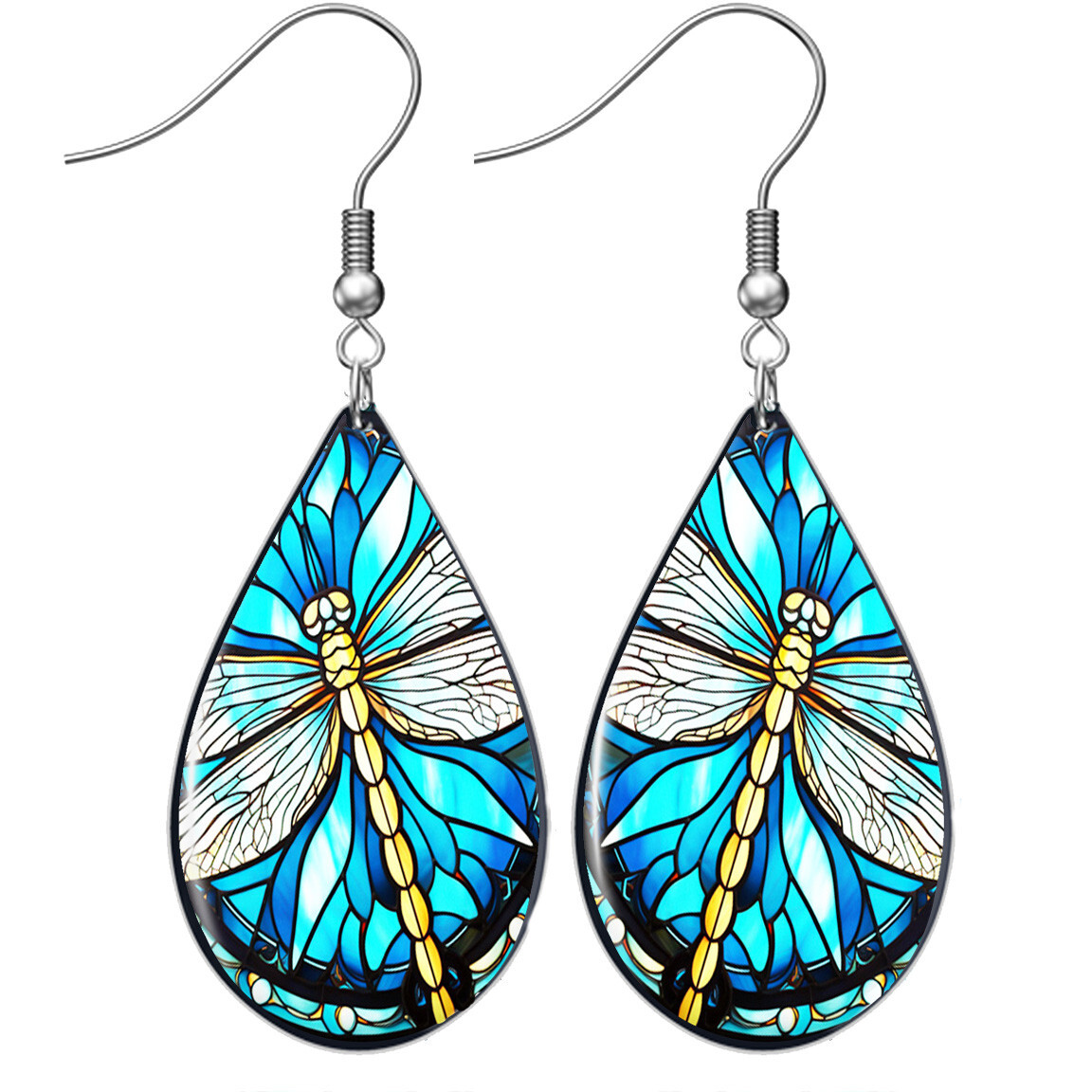 Teal Dragonfly Dangle Earrings Faux Stained Glass Silver Drop-image
