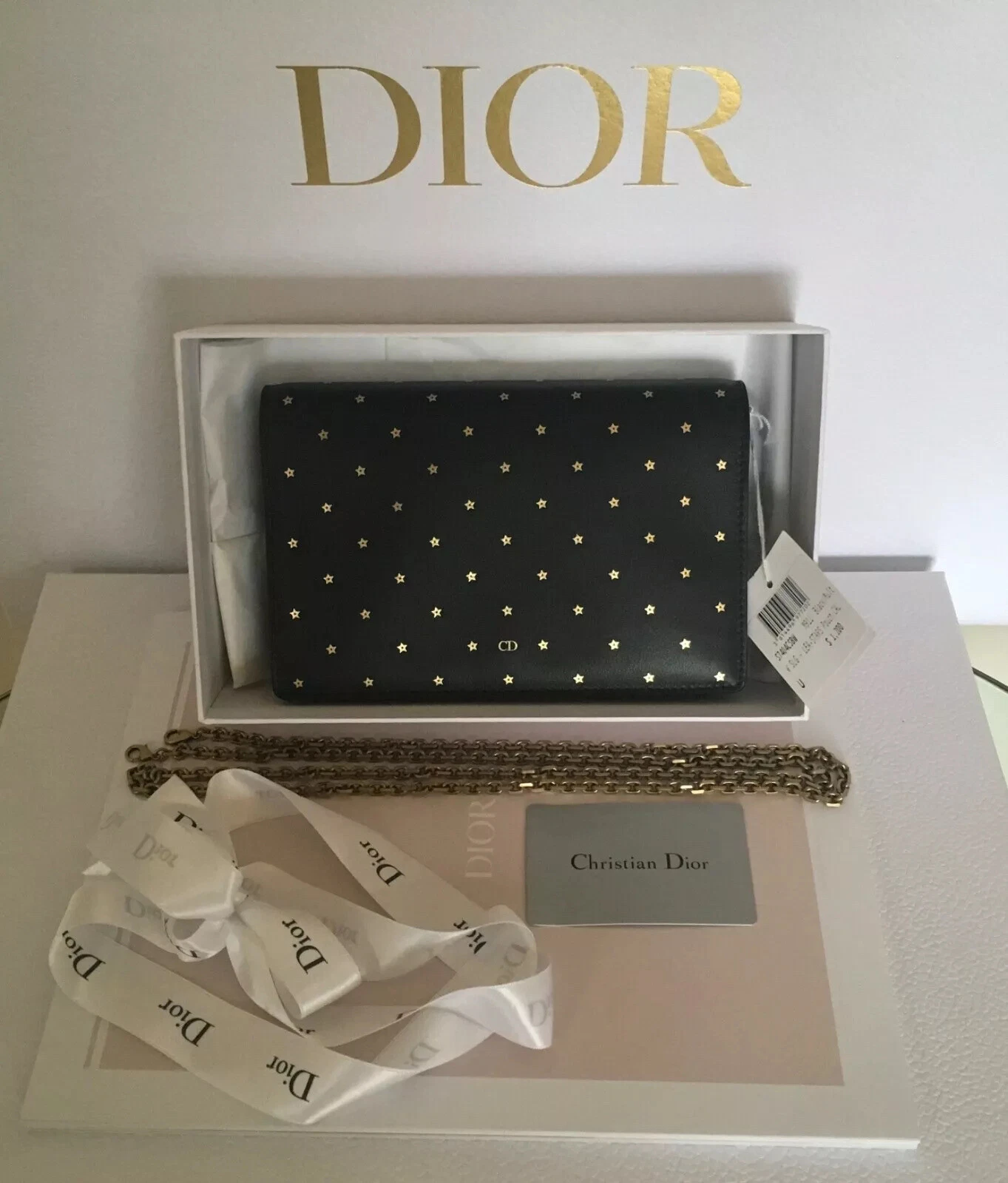 PORTEFEUILLE SUR CHAÎNE Christian Dior noir/or chanceux ⭐️ & logo peau de veau lthtr noir dans sa boîte