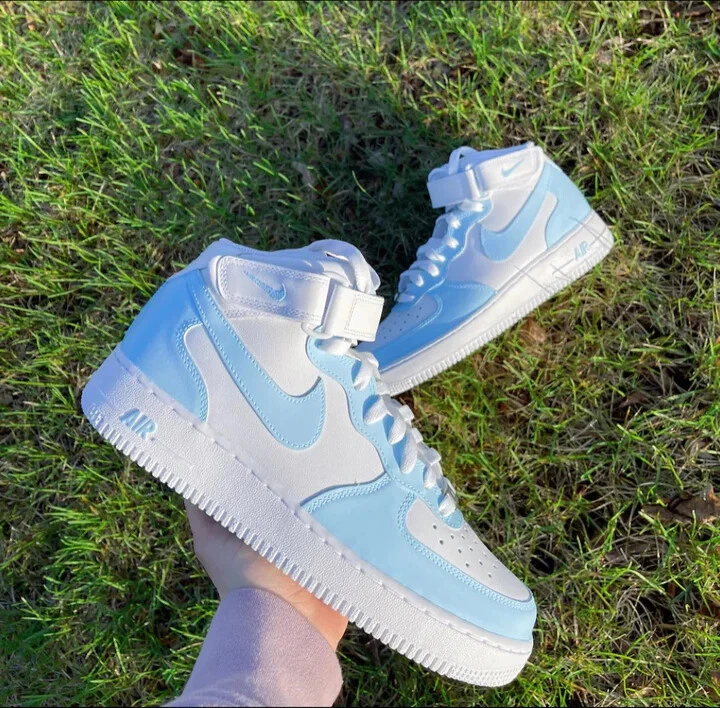 Nike Air Force 1 Custom "Baby Blue UNC Mid" White Shoes Sneakers  Womens Kids Men