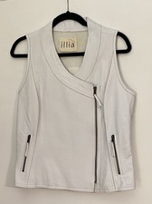 Illia White Leather & Linen Zip Front Vest With Pockets, Euc