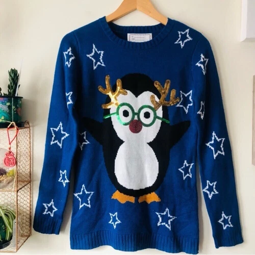 Derek Heart Sequin Penguin Winter Ugly Christmas Sweater Size Medium