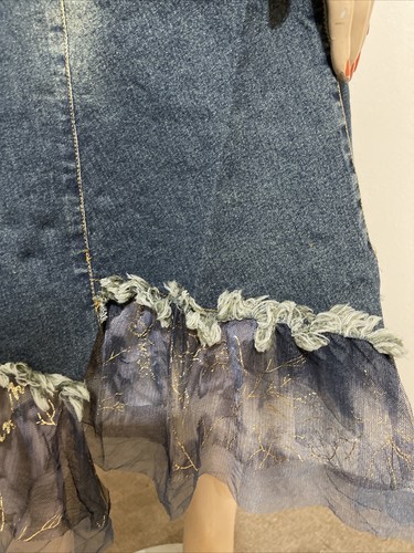 Falda Boho con Cremallera Asimétrica con Cuentas de Denim Azul Bordado Encaje Talla M(6-8) 9002 - Imagen 6 de 8