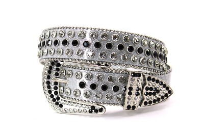 Rhinestone Western Belt Bling Silver Black Unisex Men Pant 38 Cinto Vaquero