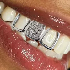 Custom Fit Silver Plated Iced Bling Mouth Open Face 3 Tooth Cap Teeth Grillz