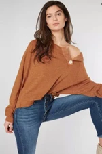 We The Free People Small Don’t Forget Me Cedar Button Neckline Top Shirt New