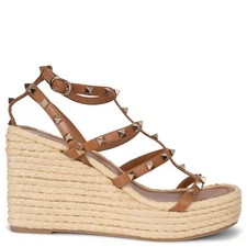 71016 auth VALENTINO Natural 2024 ROCKSTUD CAGE WEDGE Sandals Shoes 39