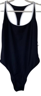NWT RVCA Cheeky One-Piece Swimsuit Womens Size XL Solid Black White Trim T Back