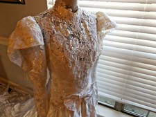 Vtg High Neck Wedding Dress with Train Loop 3 Layer Satin Tulle Dress Line