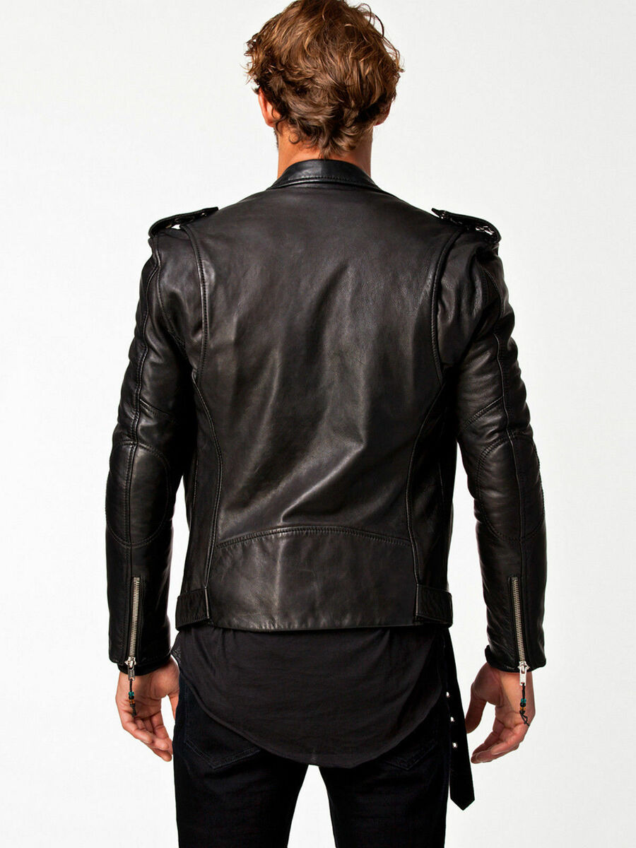 Jacket Leather Biker Black Vintage Slim Fit Men S Motorcycle Lambskin Mens  180