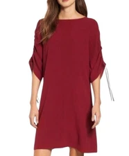 Eileen Fisher 100% Silk Shift Dress Size S Ruched Sleeves Burgundy Minimalist