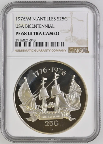 1976 Netherlands Antilles 25 Gulden Silver Proof NGC PF68 Ultra Cameo
