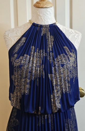 Abito XSCAPE plissettato blouson Halter blu indaco e oro lamina catena serpente taglia 6 - Foto 2 di 9