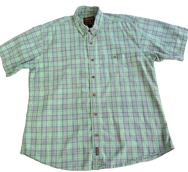 Vintage WOOLRICH Shirt Mens XL Madras Plaid Short Sleeve Green Blue Red Outdoor