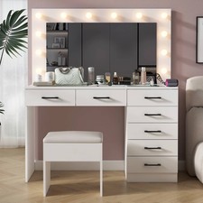 Ktaxon Large Makeup Vanity, Vanity Table Set w/ Visible Glass Top w/ Charging