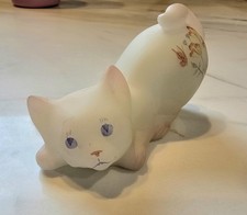 Fenton Peach Meadow Blooms On Opal Satin Crouching Cat Kitten Figurine Signed