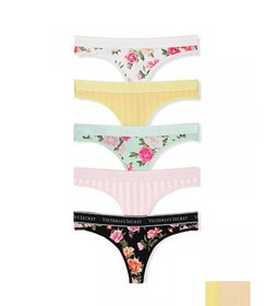 Lot 5 Victoria&rsquo;s Secret sz M Logo Cotton Thong String Panty Bundle Pack Floral