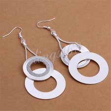 925 Sterling Silver Tarnish-Free Long Threader Double Hoop Dangle Earrings T892