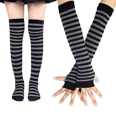 Striped Thigh High Socks Arm Warmers Set Women Over Knee Goth Cosplay Cute XL+UK