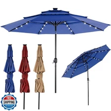 OLIXIS 10ft 3-Tier Solar Patio Umbrella, 32 LED Lights Patio Table Umbrellas 