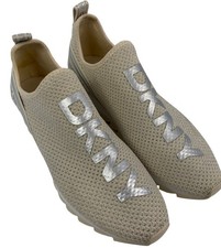 DKNY Womens Beige Slip-On Sneakers With Metallic Logo Textured Knit US 8.5 M