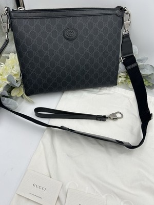 Gucci Black GG  Monogram Messenger Crossbody Bag Detachable Strap Made In Italy
