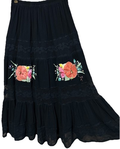 Ana Rosa Skirt XL Hand Painted Signed By Artist Black Cotton Crochet Insert Boho