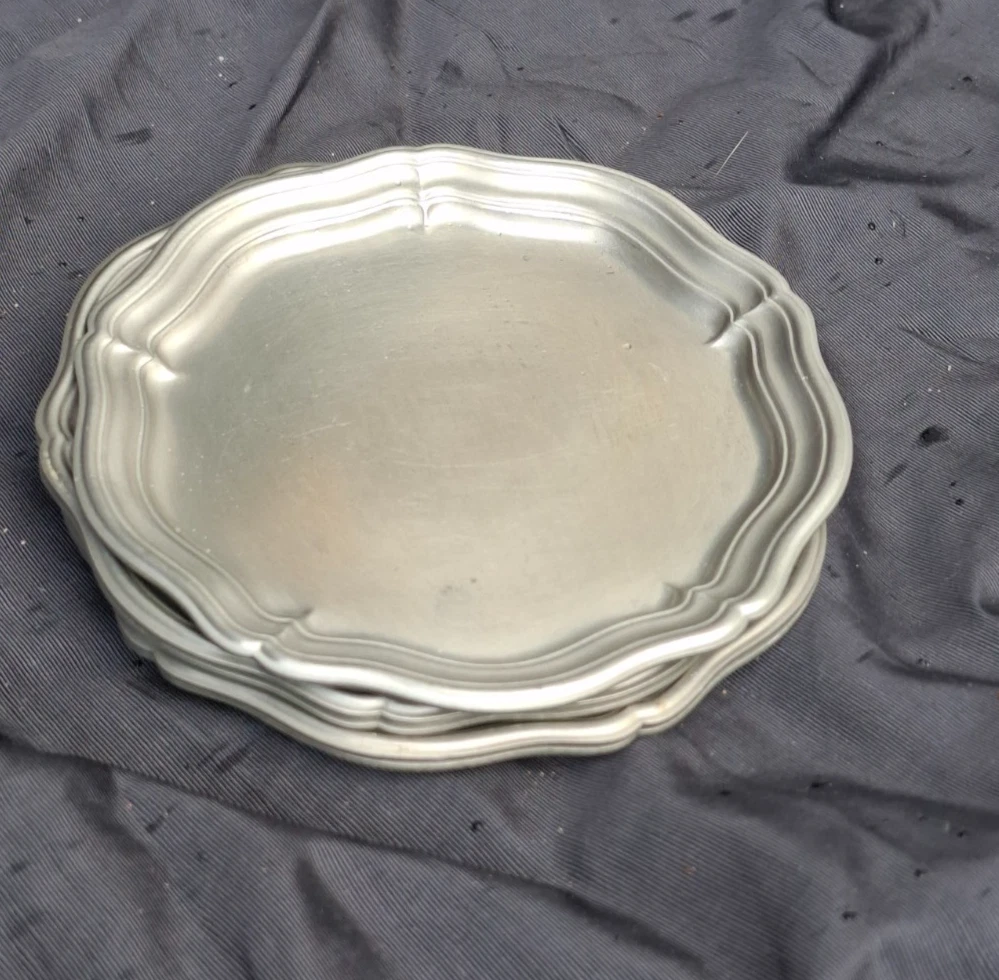 5 Rein Zinn Untersetzet Teller 10 cm Vintage Set Chippendale Rand edel