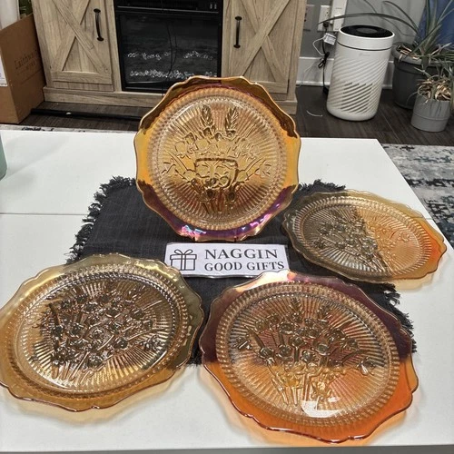 Jeanette Iris & Herringbone Florigold Marigold 9” Plates Set Of 4 Depression