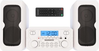 A three-piece compact CD rack system with a digital FM stereo radio.