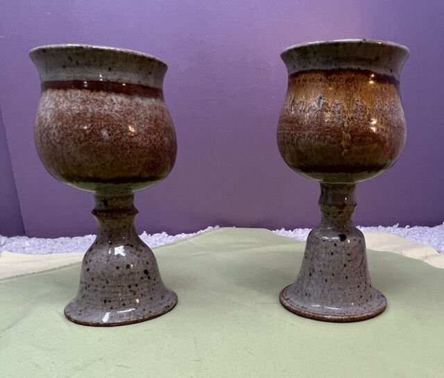 Pair of Heirloom Ceramic Goblets w Artist Mark Collectible Pottery 4 Home Decor