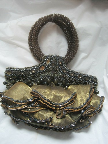 $$~Brown Satin Beaded Ruffle Handbag Purse~LBDWN - Picture 2 of 7