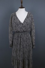 SEZANE Black Paisley Long Sleeve V-Neck Stretch A-Line Midi Dress Size 44