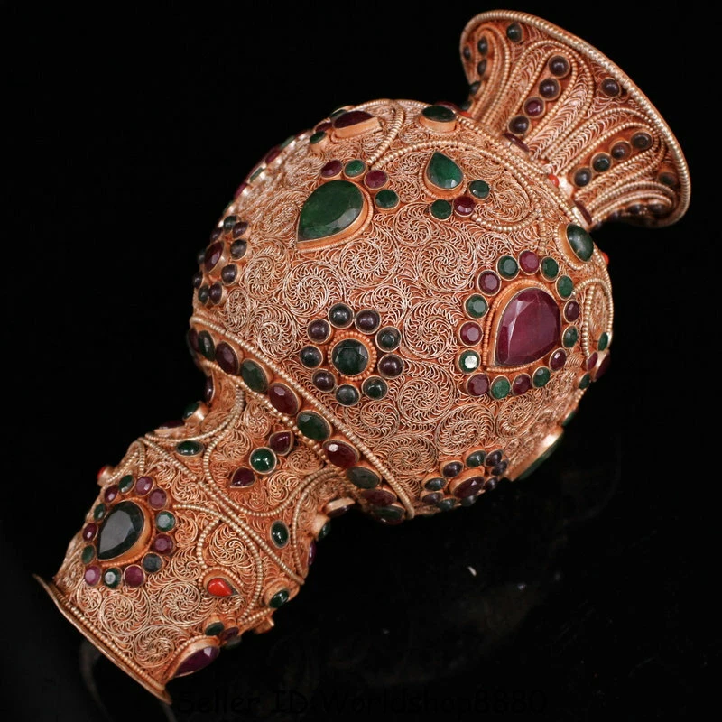 Jarrón botella 8,8" antiguo tibetano budismo Nepal alambre de plata incrustación manual gema riqueza Foto 2 de 4