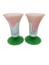 Art Nouveau Pink Frosted Green Footed Glasses or Vases Drip Effect