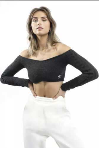 Adidas Originals Fleece Knit Black Crop Top Womens Sz Small Three Stripes H18834 - Picture 1 of 9