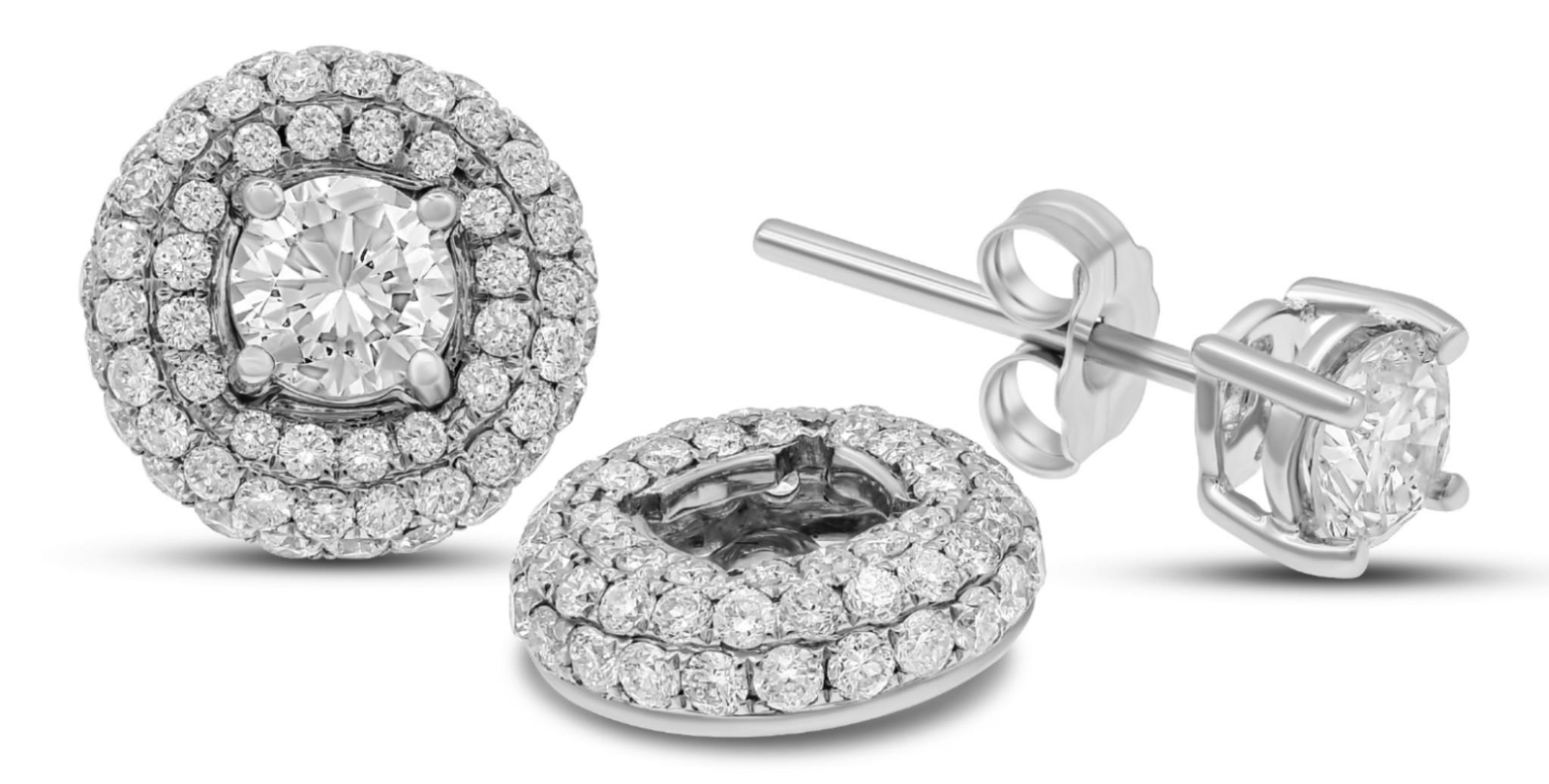 FILA SET ORECCHINI GRANDE 1 13 CT DIAMANTE ORO BIANCO 14K SOLITARIO 3 FILE AUREOLA BORCHIA GIACCA