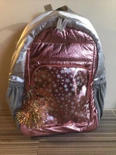 More Than Magic Backpack Pom-Pom Tassel 16.5" Pink/Silver Star Print, Gold Rose