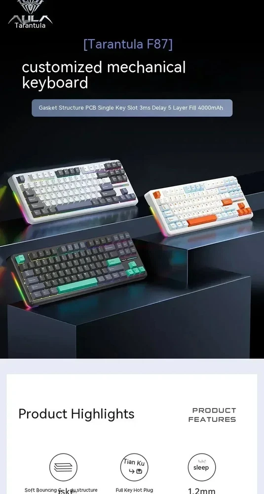87-Key Tri-Mode Mechanical Keyboard with Hotswap for PC via 2.4G/USB/Bluetooth