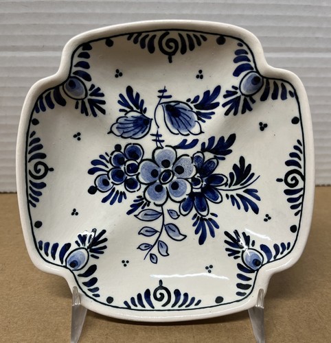 Vintage Delft Pottery De Delftse Hand Painted Blue White Quatrefoil 5.25” Dish - Foto 1 di 4