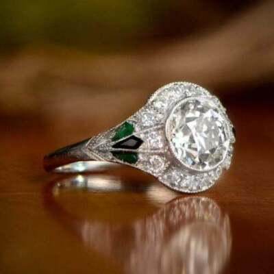 2.10Ct Old European Cut Lab-Created Diamond & Emerald Engagement Ring 925 Silver