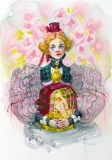 Original Circus Girl Portrait Watercolor Painting Surreal Clown Illustration Art