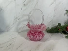 Vintage Fenton Rose Mist Vase Murrhina Art Glass Basket Clear Bamboo Handle~8”