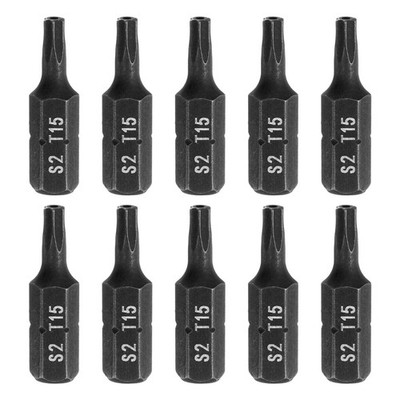 10x T15 Torx Bits 1/4'' Schaft 25mm/1'' S2 Stahl, Schwarz, für Elektroschrauber
