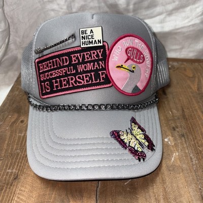 Snapback Trucker mesh Woman Girl BOSS embroidered patch Hat cap gray pink