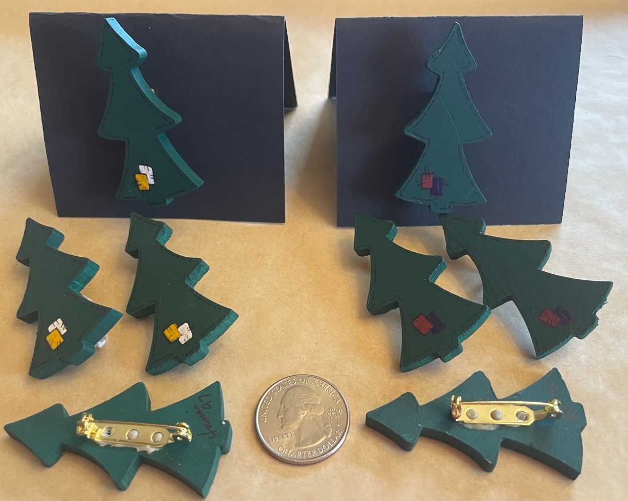 Skinny Christmas Tree Pin Handmade Lightweight Green with Patchwork Lot of 4