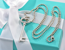 24.25" Tiffany & Co Silver Large 2" Oval Key Charm Pendant Bead Chain Necklace