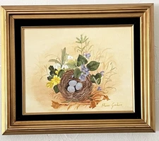 Vintage Gold Wood Framed Floral Bird Nest Eggs Nature Art Painting Signed